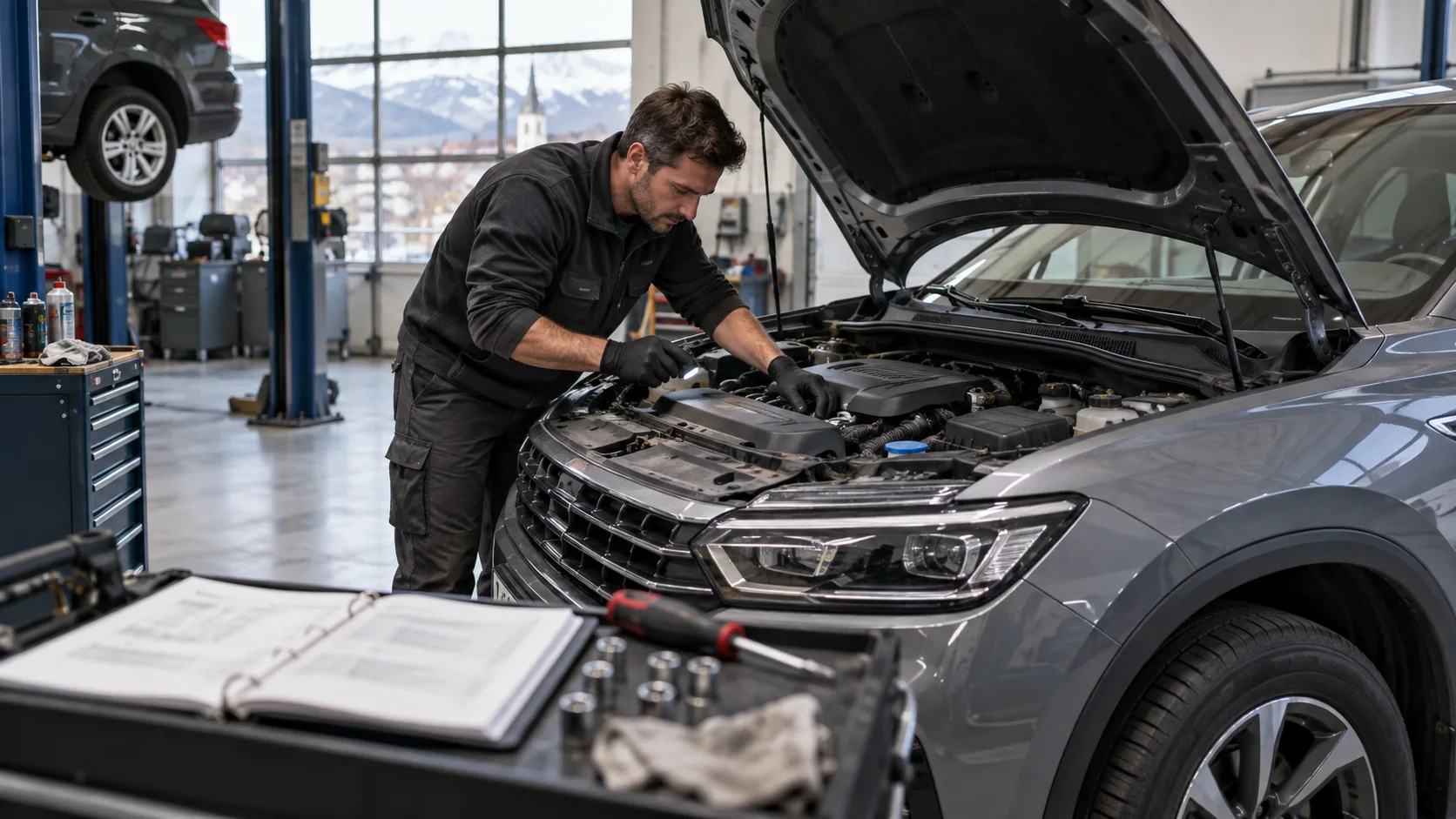 Controllo visivo del vano motore di un’auto usata in officina prima dell’acquisto in Austria.