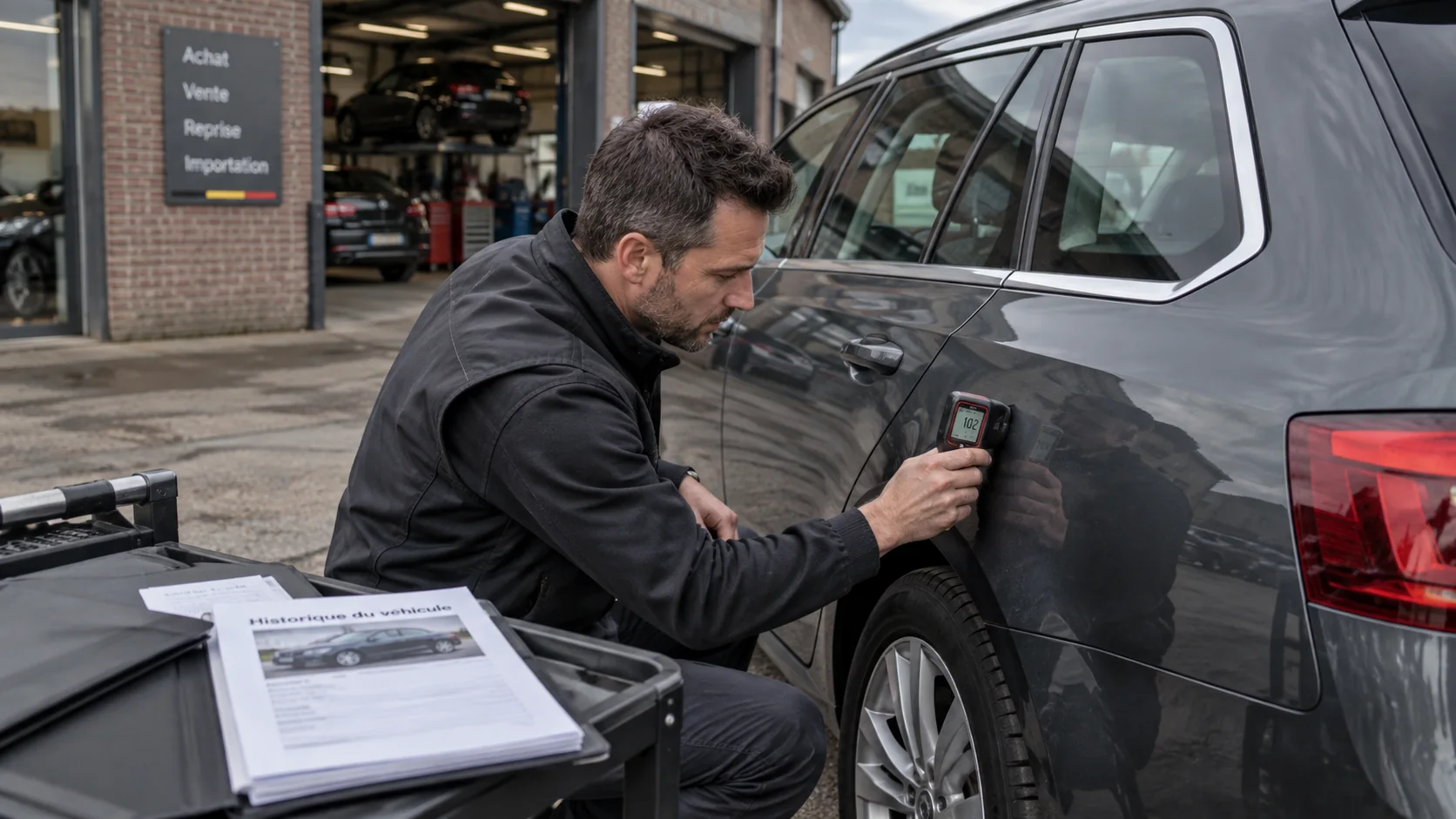 Paint thickness measurement on a used car to compare its condition with the paperwork in Belgium.