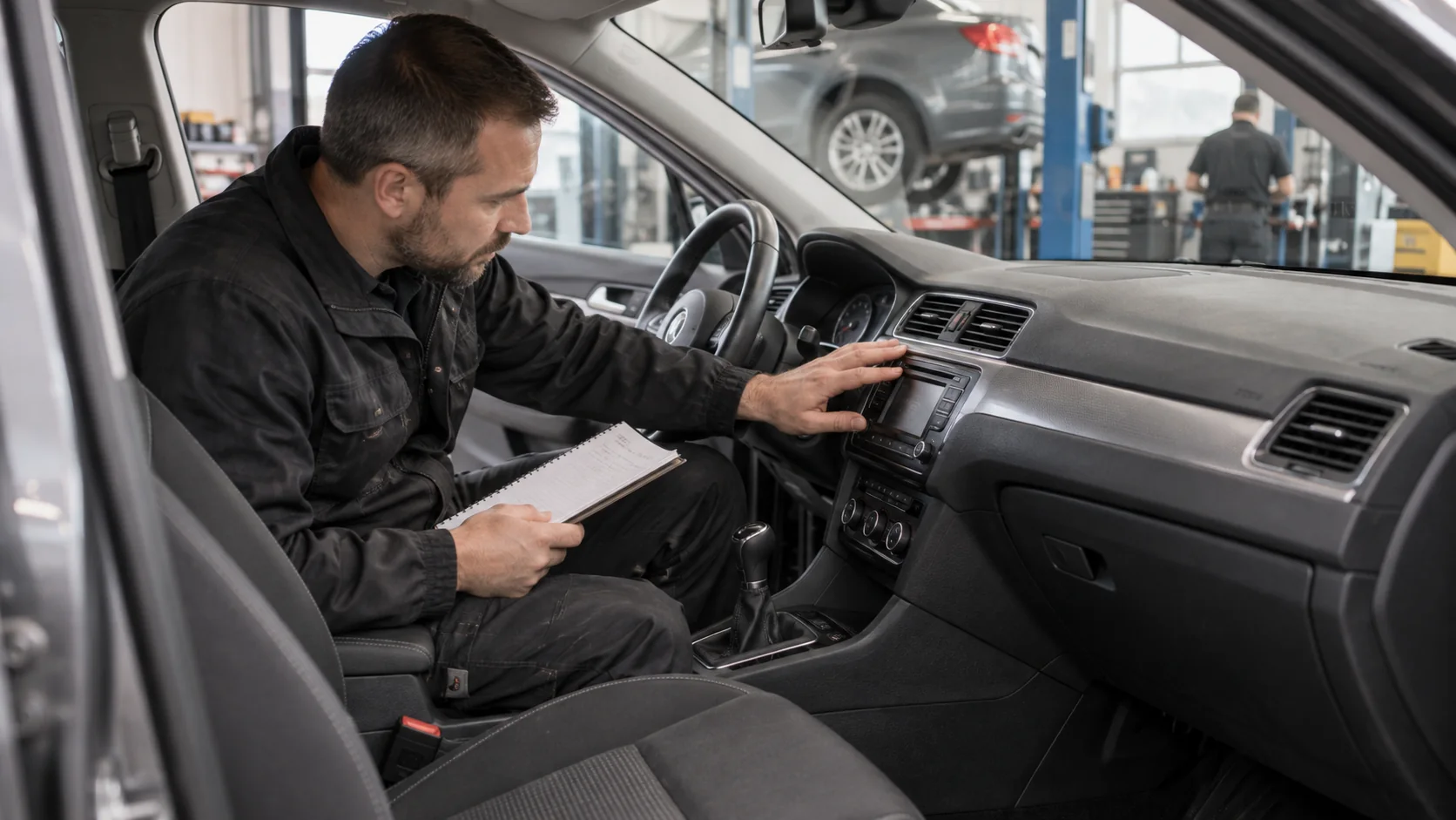 Controllo della plancia e dell’usura interna di un’auto usata in Cechia.