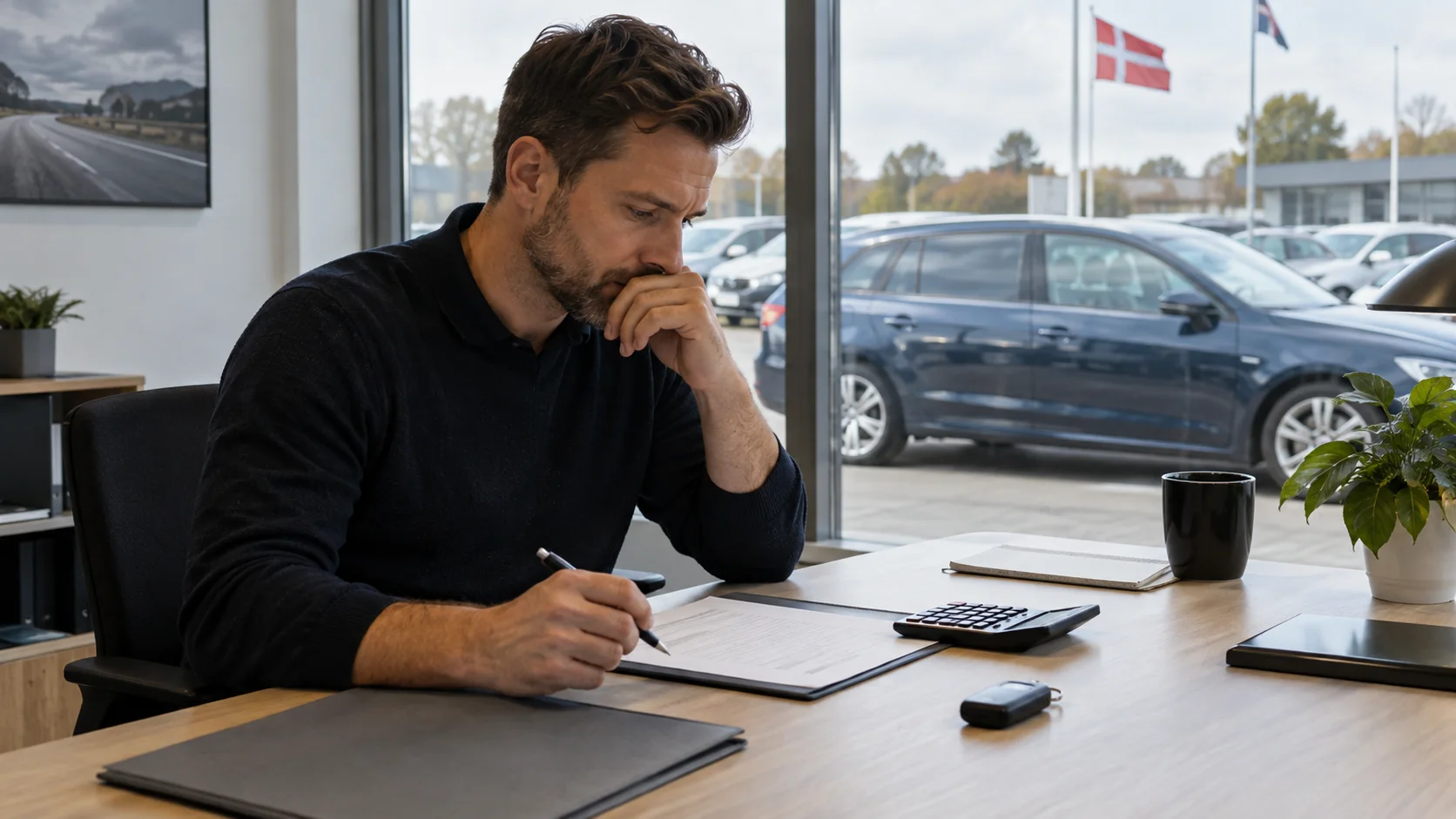Calculator, paperwork and keys while reviewing the budget for a used car in Denmark.