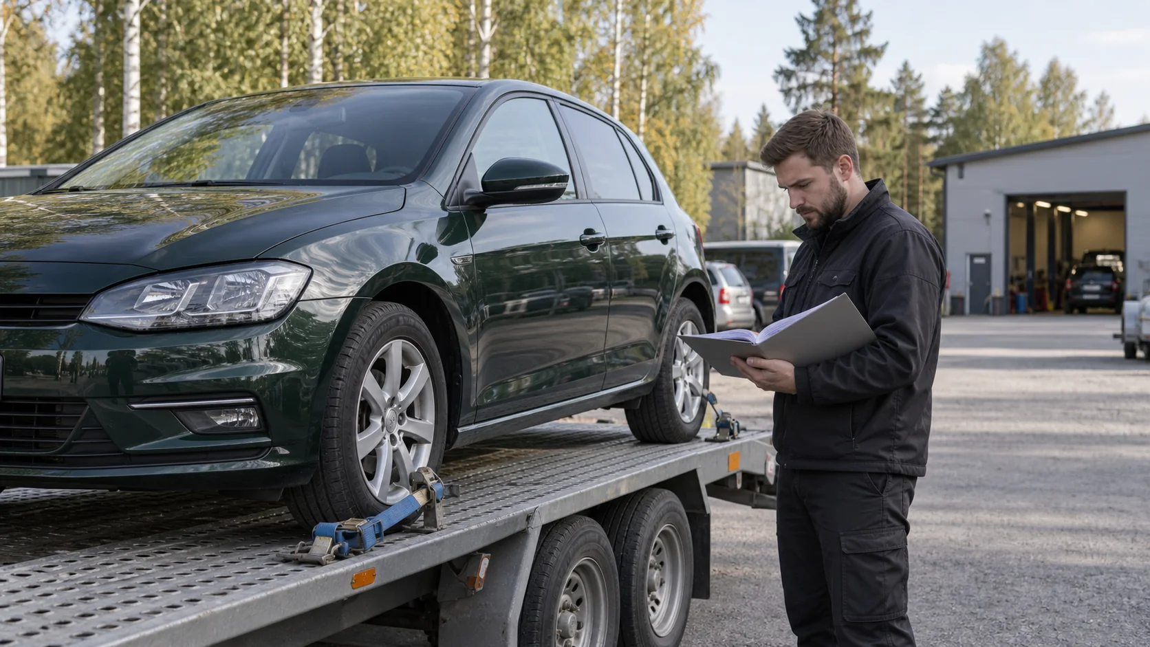 A used car ready on a transport trailer with paperwork being checked before collection in Finland.