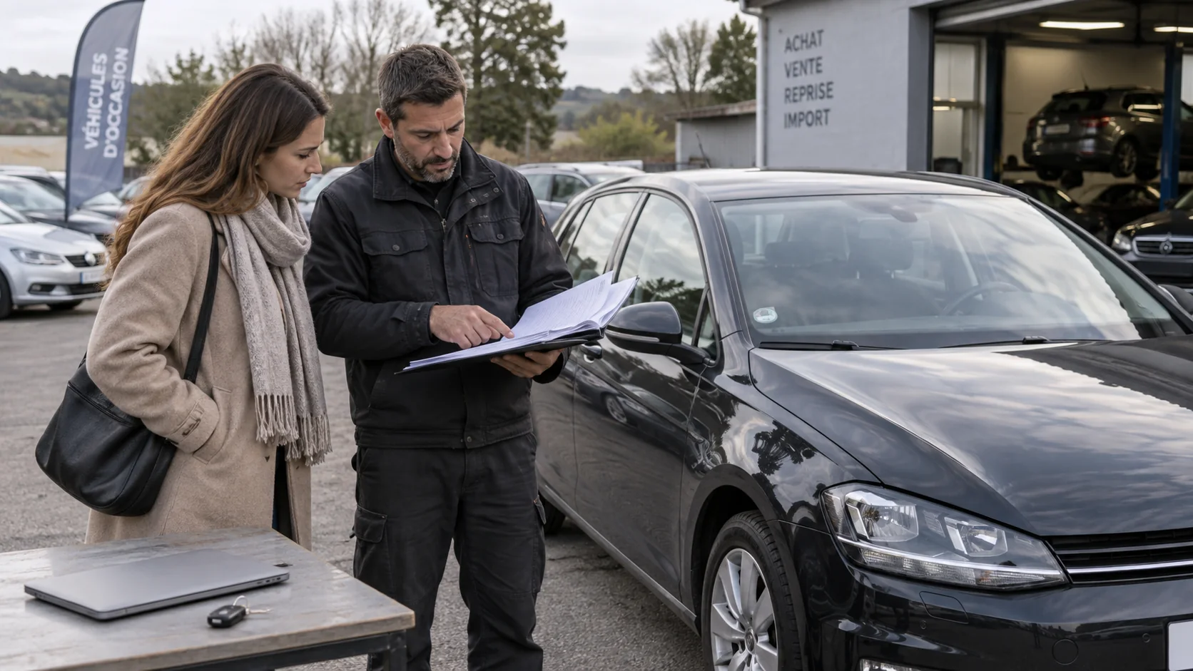 Acquirente e tecnico confrontano il fascicolo con l’auto usata prima di un acquisto in Francia.