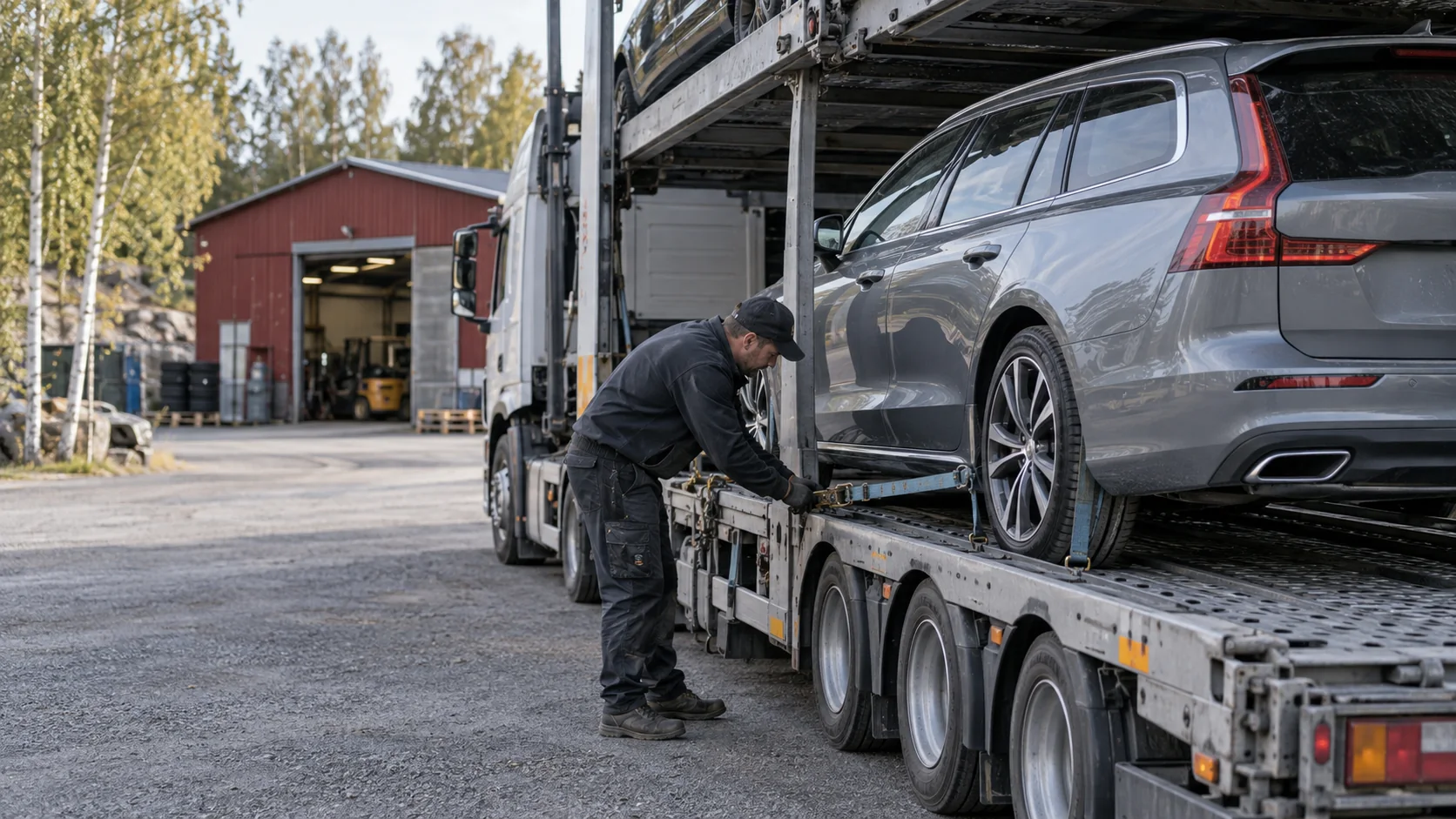 A used car secured on a vehicle transporter in a Swedish yard.